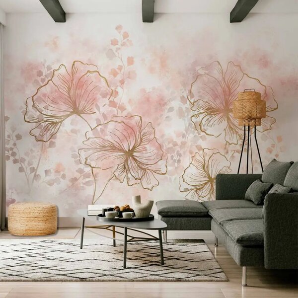 Carta da parati moderna Papaveri dorati - fiori disegnati a linee su sfondo rosa