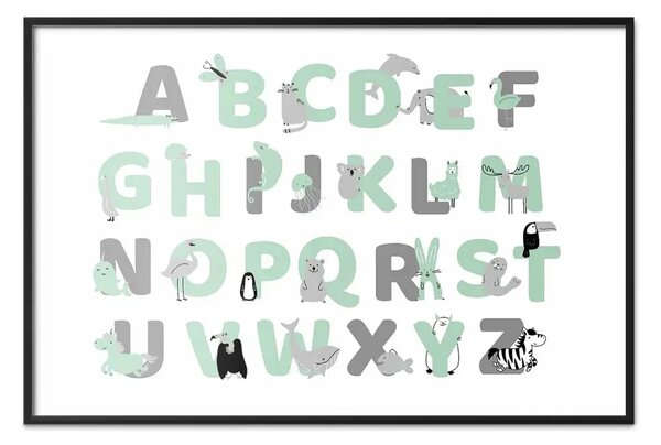 Poster: Alfabeto inglese per bambini - lettere grigie e menta con animali