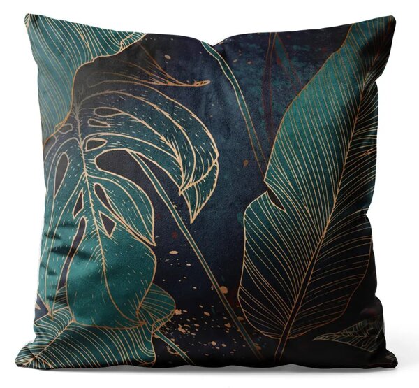 Cuscino in velluto Oro botanico - composizione floreale con foglie di monstera