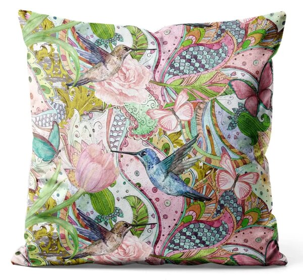Cuscino in velluto Primavera e colibrì - motivo floreale ornamentale con uccelli esotici
