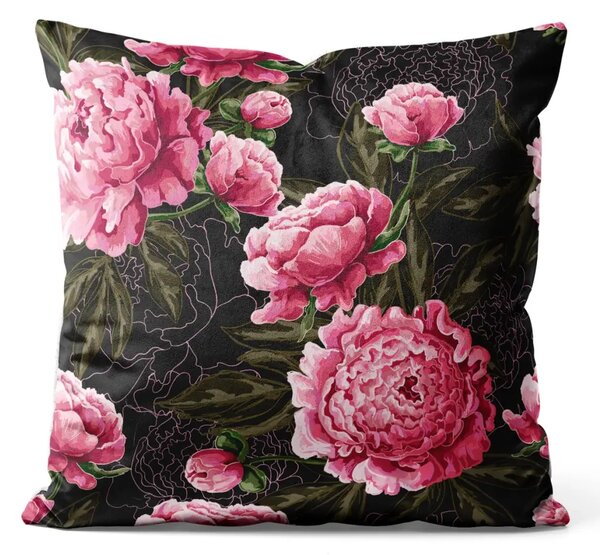 Cuscino in velluto Peonie cinesi - motivo floreale nei toni del rosa su sfondo scuro