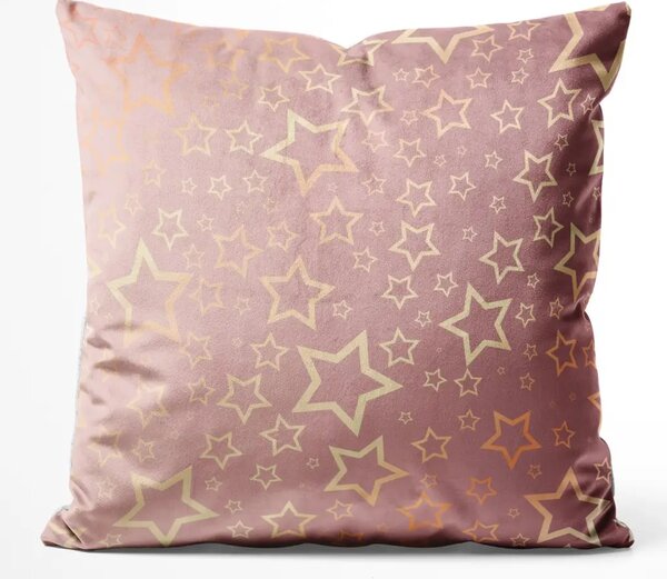 Cuscino in velluto Sogni d'oro - sottile motivo di stelle dorate su sfondo rosa