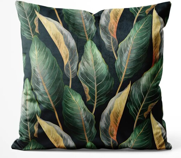 Cuscino in velluto Foglie esotiche verde-oro - motivo floreale in stile trendy