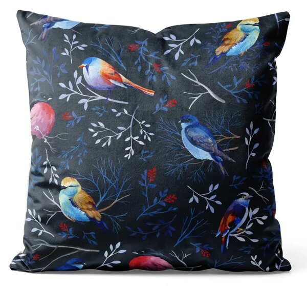 Cuscino in velluto Uccelli d'inverno - sottile motivo grafico nei toni del blu