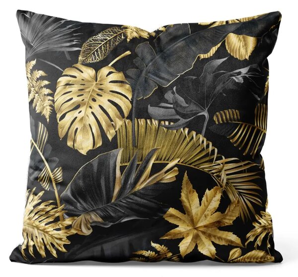 Cuscino in velluto Monstera dorata e nera - fogliame tropicale in stile glamour