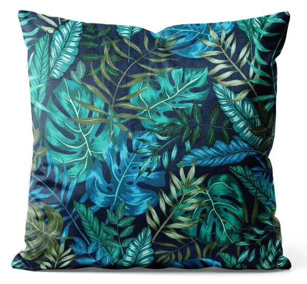 Cuscino in velluto Monstera in un bagliore blu - motivo floreale con foglie esotiche