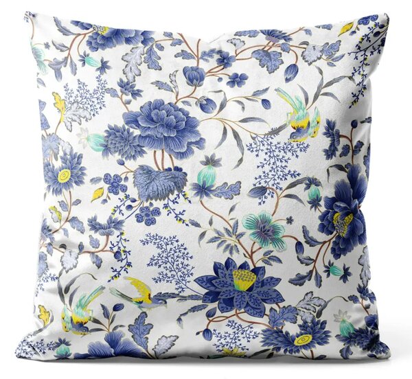Cuscino in velluto Arabesque vegetale blu - composizione di fiori colorati