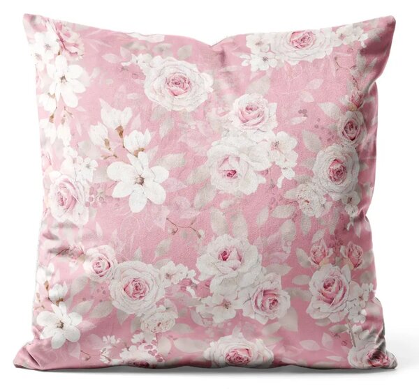 Cuscino in velluto Rose embraces - delicato motivo floreale nei toni del rosa pastello