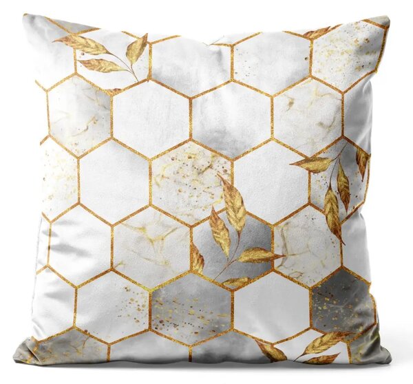 Cuscino in velluto Esagoni e foglie - elegante composizione con figure geometriche