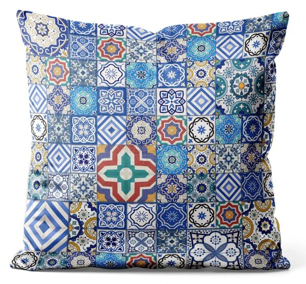 Cuscino in velluto Combinazioni blu - motivo patchwork ispirato alla ceramica