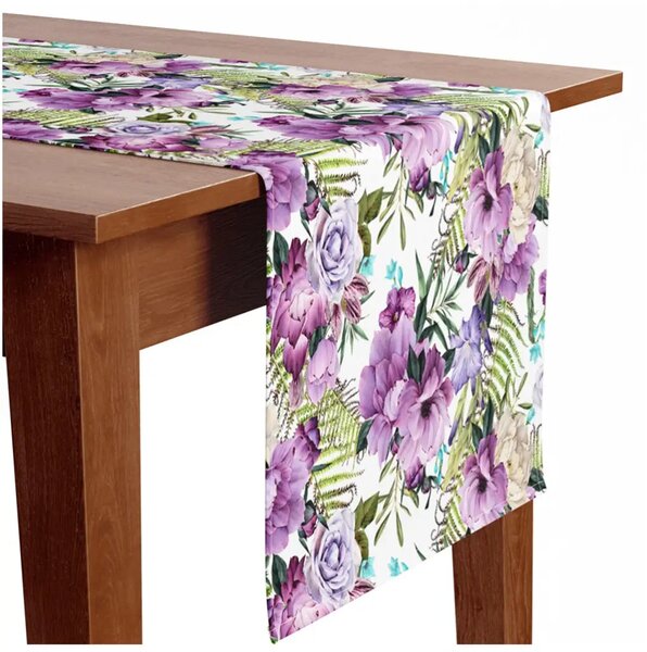 Runner tavolo Allegro bouquet - composizione di fiori viola su sfondo bianco