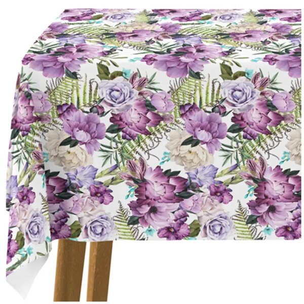 Tovaglie da tavolo Allegro bouquet - composizione di fiori viola su sfondo bianco
