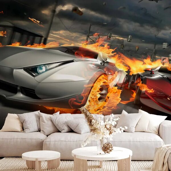 Carta da parati Auto sportive - corsa in strada in fiamme