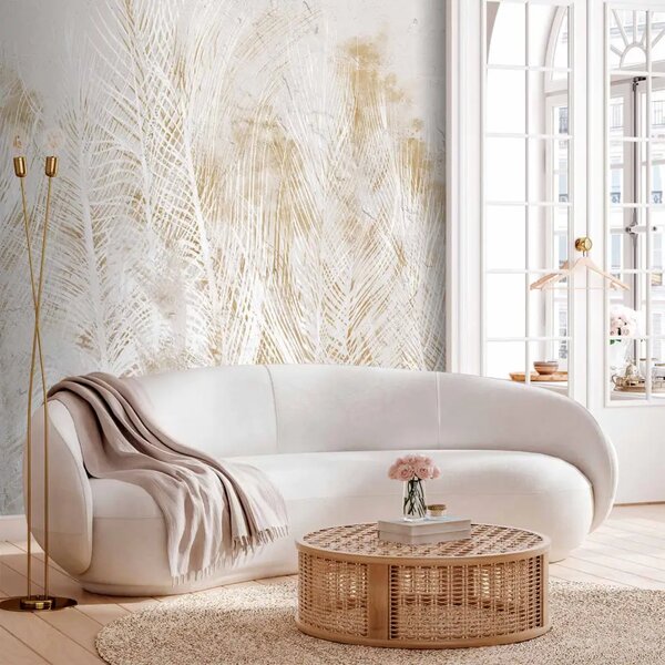 Carta da parati Piume dorate - delicato disegno della natura in stile boho