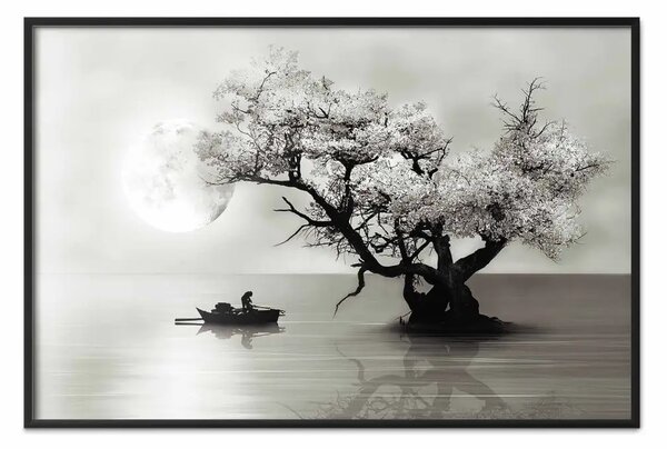 Poster: Paesaggio - uomo in barca su lago al chiaro di luna