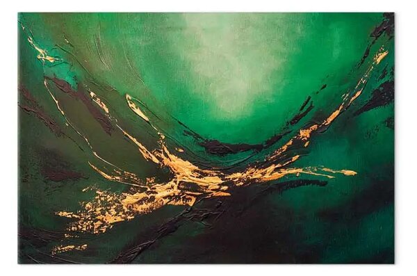 Quadro moderno Astrazione dipinta - striature di nero e oro su uno sfondo verde
