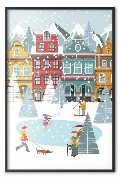 Poster: Città inverno - case, pista pattinaggio festa