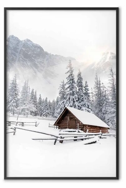 Poster: Mattina d'inverno - paesaggio all'alba su montagne, casolari e foreste