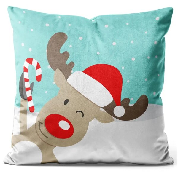 Cuscino in velluto Christmas reindeer - animal with a hat in snow on turquoise background
