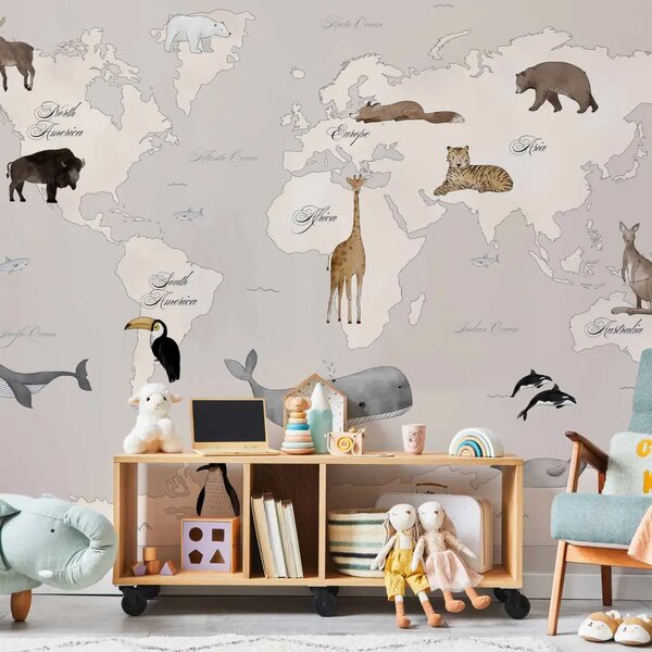 Carta da parati moderna Mappa del mondo per bambini - continenti e oceani in tonalità beige