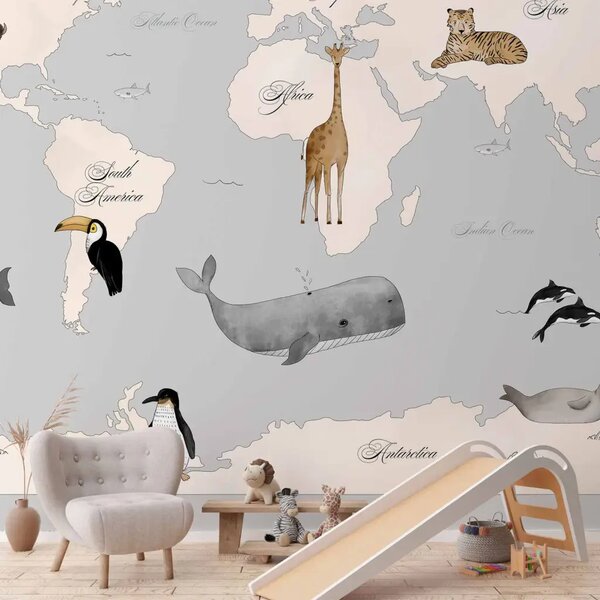 Carta da parati Mappa del mondo per bambini - continenti e oceani in tonalità blu