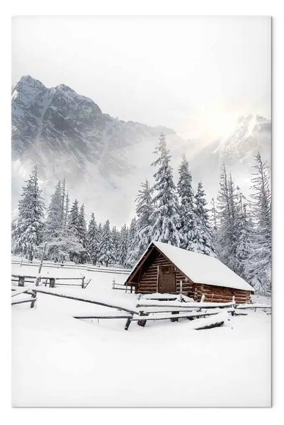 Quadro moderno Mattina d'inverno - paesaggio all'alba su montagne, boschi e casolari