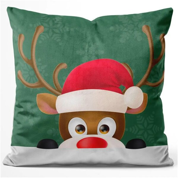 Cuscino in velluto Santa's helper - reindeer with Christmas hat on green background