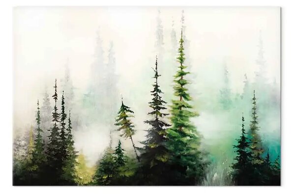 Quadro su tela Paesaggio dipinto - foresta di alberi di Natale avvolta da nebbia