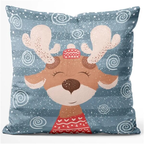 Cuscino in velluto Reindeer in the snow - smiling animal on a blue striped background