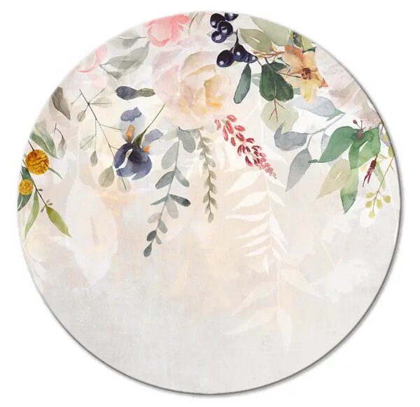 Quadro rotondo Fiore - fiori e fogliame delicati su uno sfondo beige chiaro