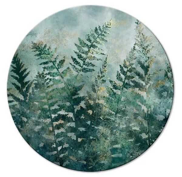 Quadro rotondo Felci verdi - vegetazione rigogliosa ricoperta di polvere d'oro