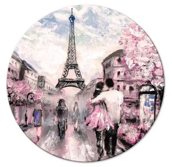 Quadro rotondo Passeggiata parigina - paesaggio con coppia e Torre Eiffel