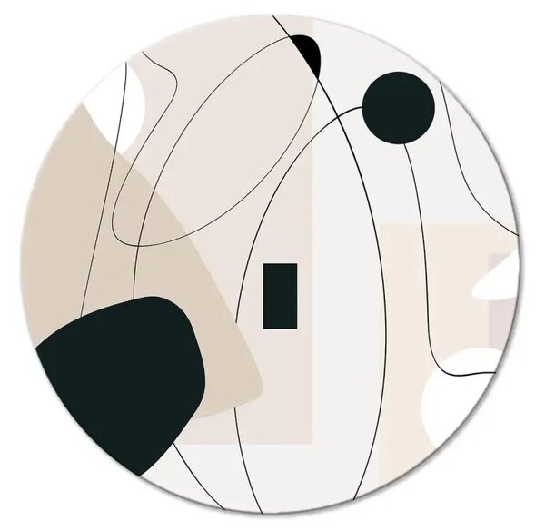 Quadro rotondo Astrazione - forme nere su uno sfondo beige collegate da linee