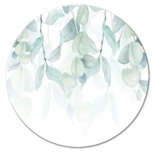 Quadro rotondo Vegetazione - delicate foglie verdi e blu su sfondo bianco