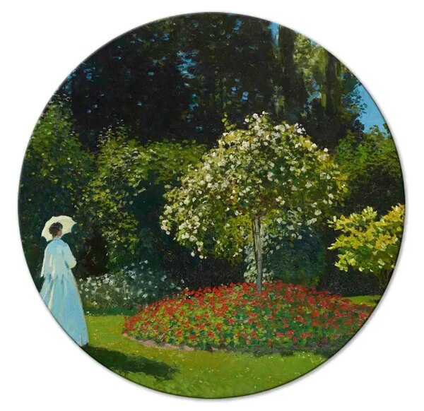 Quadro rotondo Donna in giardino, Claude Monet - paesaggio primaverile di vegetazione