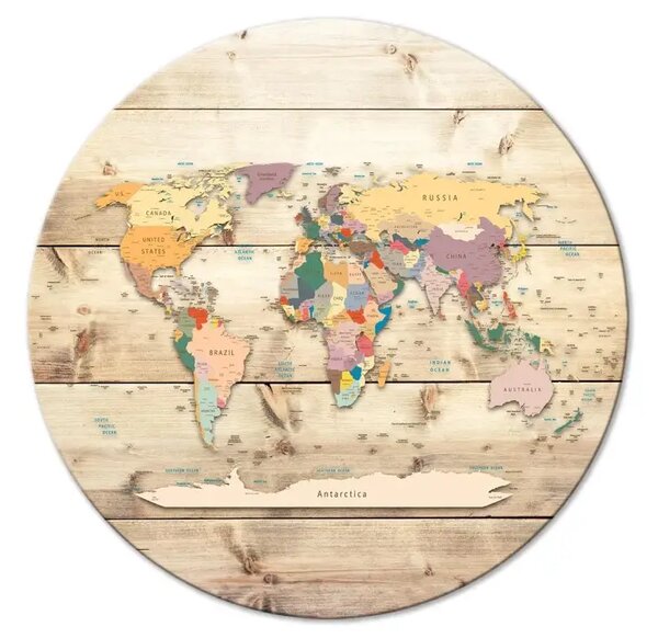 Quadro rotondo Mappa del mondo - continenti colorati su uno sfondo di assi di legno