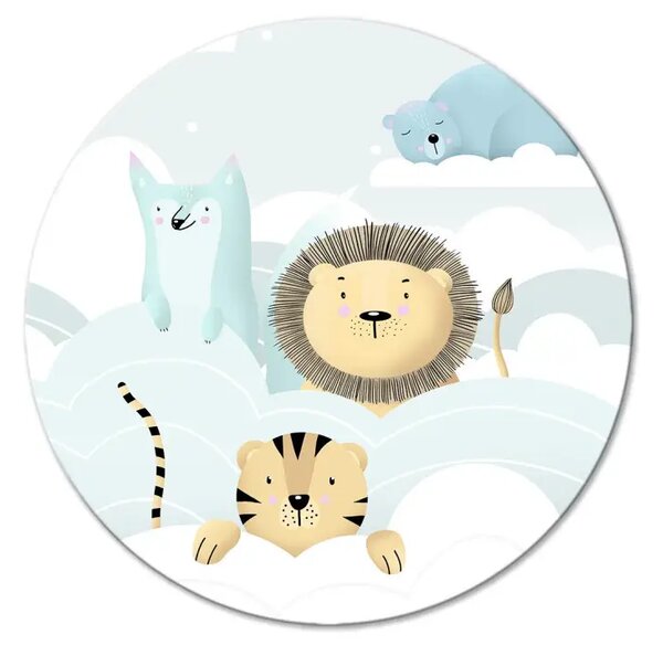 Quadro rotondo Animali carini - leone, tigre, orso e lepre tra le nuvole