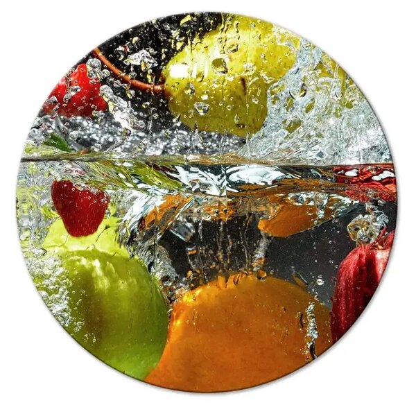 Quadro rotondo Rinfresco - foto di frutta che cade in acqua su sfondo nero