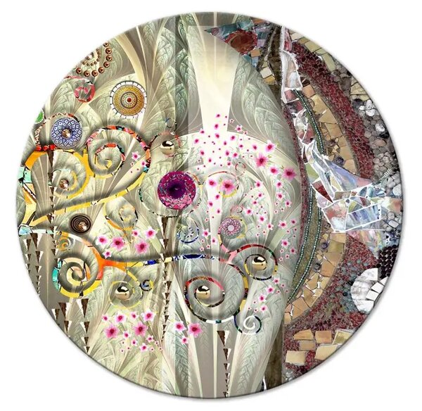 Quadro rotondo Mosaico colorato - astrazione con fiori in stile Gustav Klimt