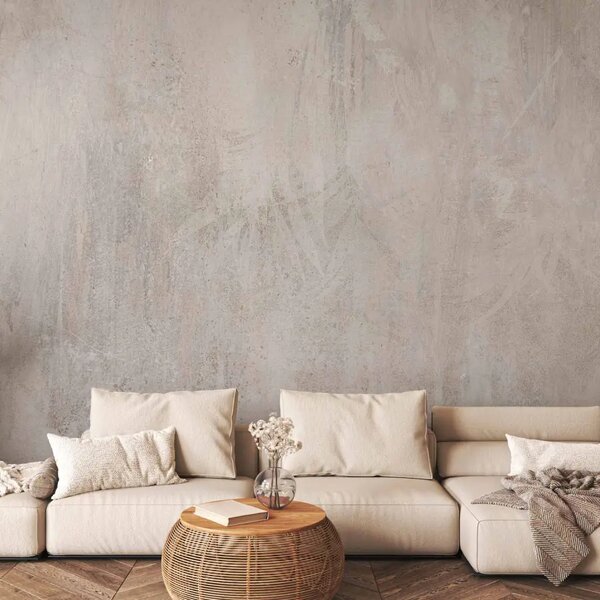 Carta da parati Peace of mind - sfondo grigio in stile moderno con foglie sullo sfondo