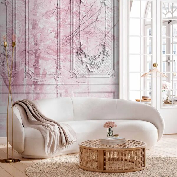 Carta da parati Parco rosa - elegante stucco sul muro e ombra degli alberi