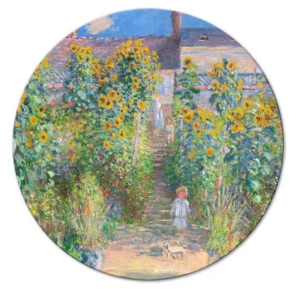 Quadro rotondo Giardino di Claude Monet a Vétheuil - casa di campagna con girasoli