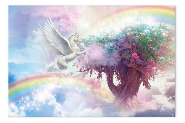 Quadro su tela Unicorno e albero magico - fiaba e terra dell'arcobaleno tra le nuvole