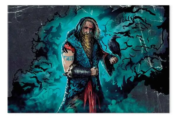 Quadro Vichingo - figura umana e uccello in estetica fumettistica