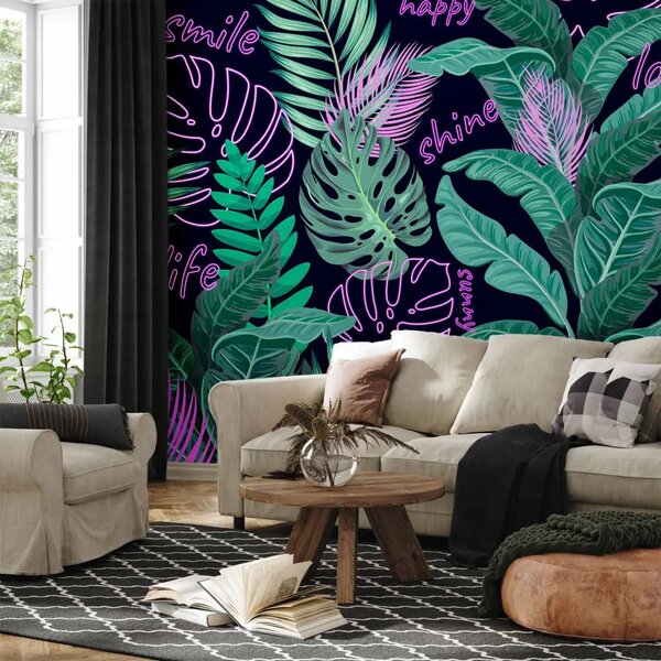 Carta da parati moderna Neon jungle - foglie e scritte in rosa e verde brillante