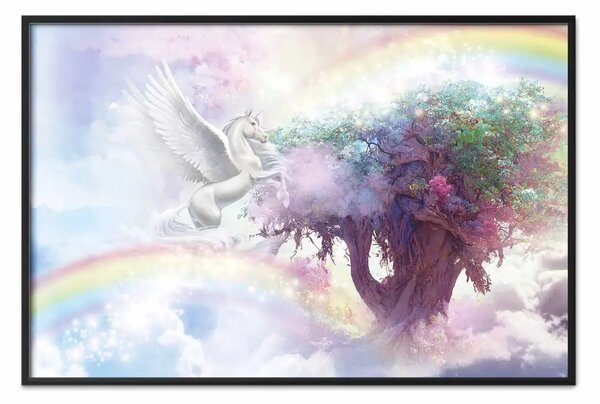 Poster: Unicorno e albero magico - terra fantastica e arcobaleno tra le nuvole