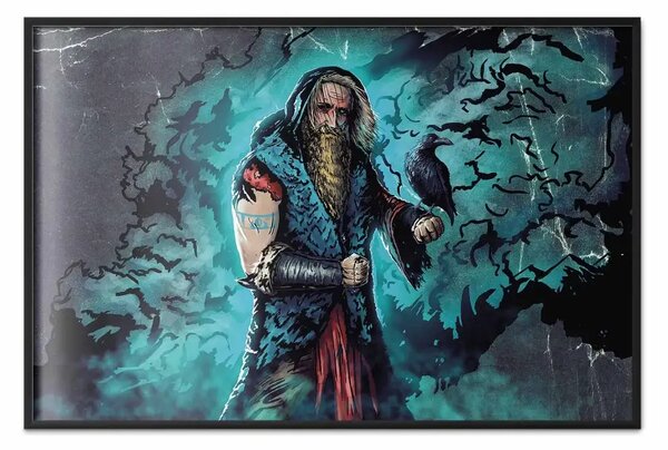Poster: Vichingo in stile cartoon - guerriero con corvo su sfondo scuro