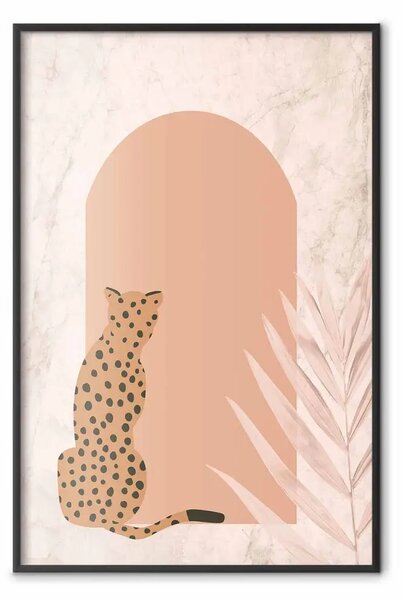 Poster: Ghepardo accovacciato - predatore con foglia di pianta esotica