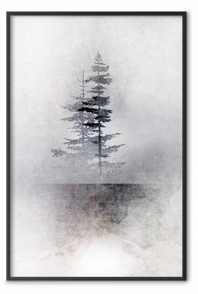 Poster: Paesaggio - alberi nella nebbia su sfondo grigio con texture