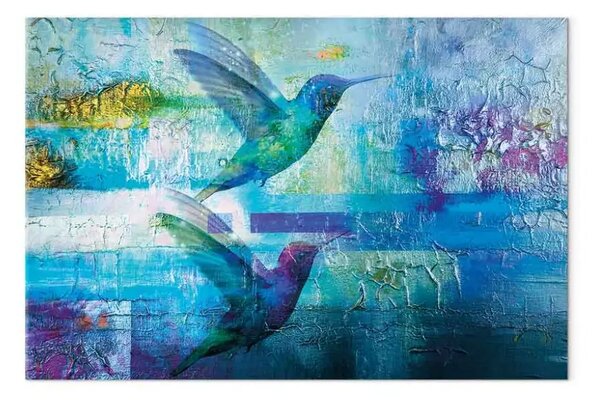 Quadro contemporaneo Colibrì in volo - astrazione blu con uccelli in volo